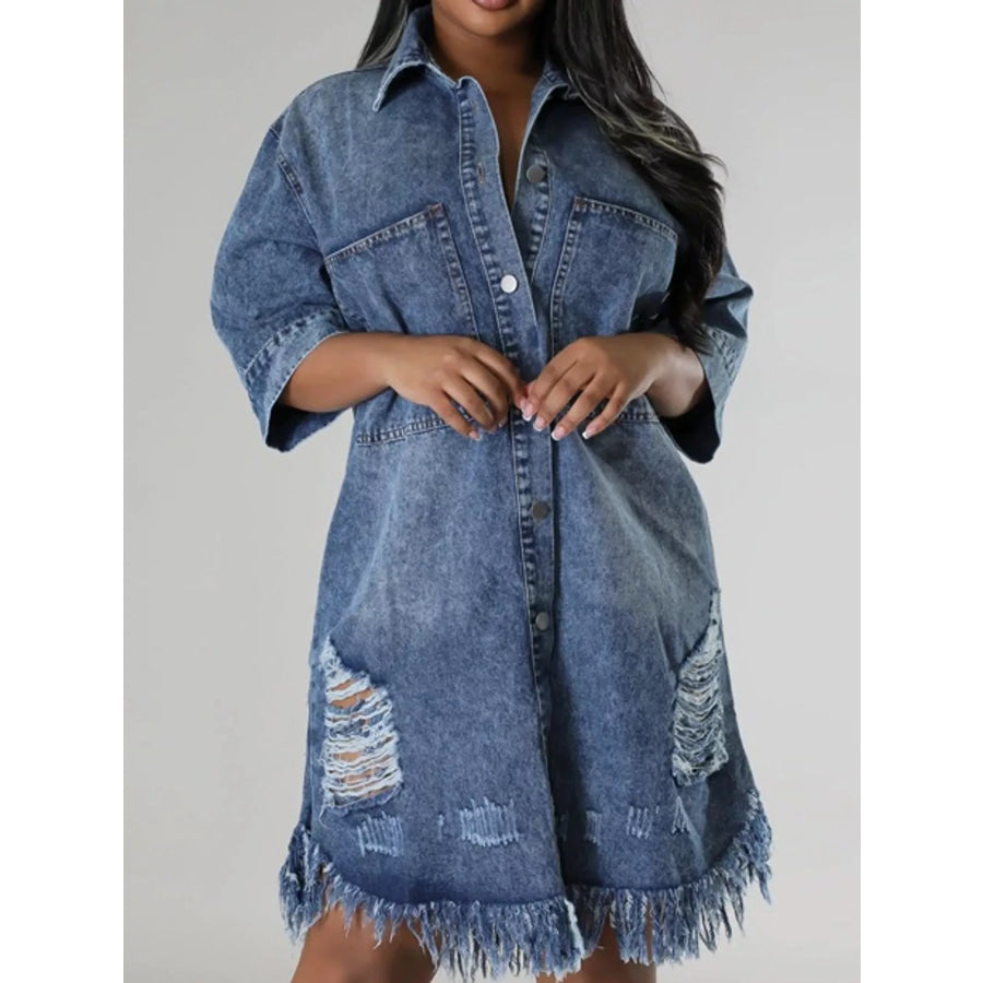 Plus Size Distressed Frayed Hem Button-Down Denim Dress Apparel and Accessories