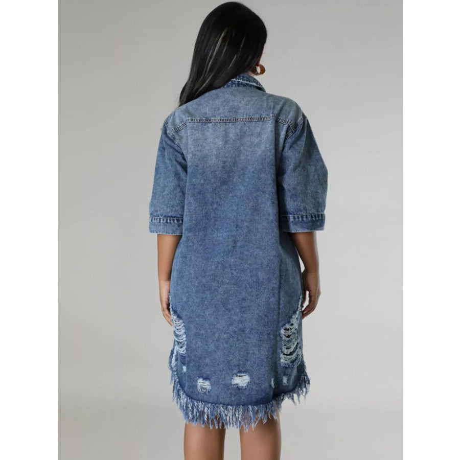 Plus Size Distressed Frayed Hem Button-Down Denim Dress Apparel and Accessories
