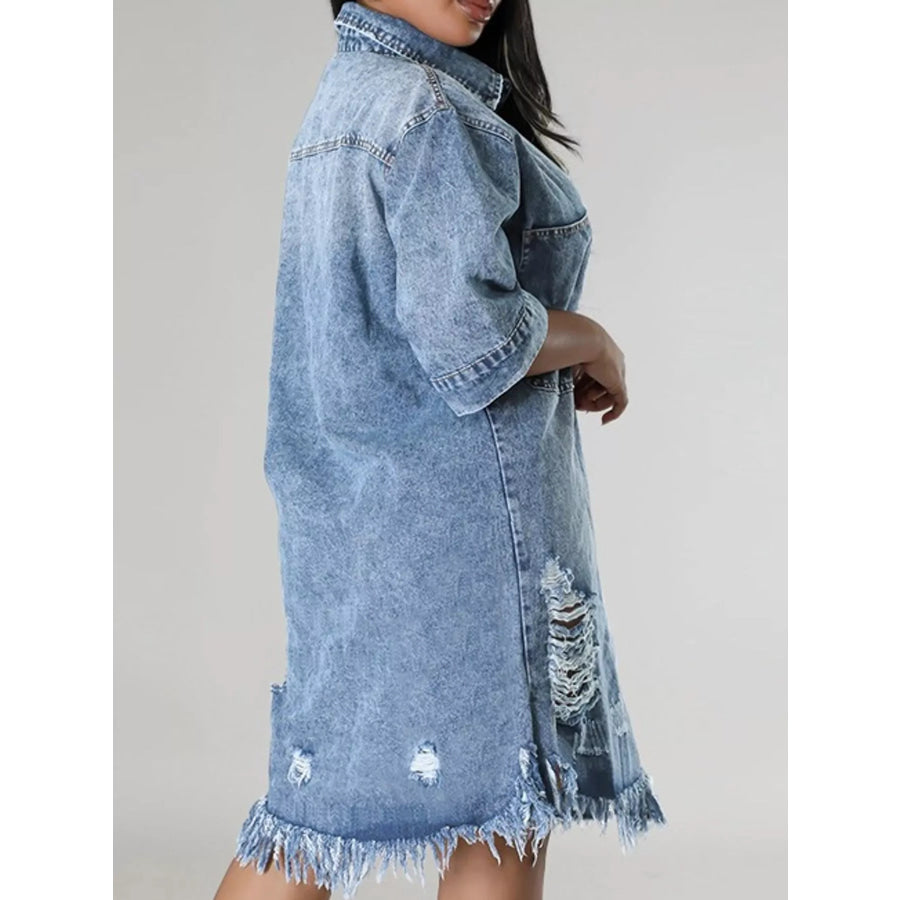 Plus Size Distressed Frayed Hem Button-Down Denim Dress Apparel and Accessories