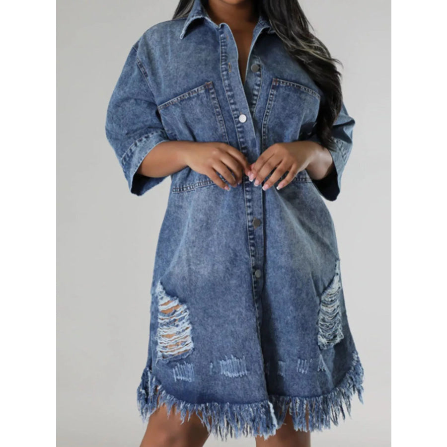 Plus Size Distressed Frayed Hem Button-Down Denim Dress Apparel and Accessories