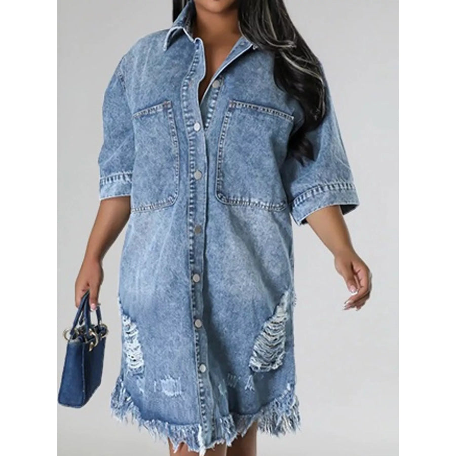 Plus Size Distressed Frayed Hem Button-Down Denim Dress Apparel and Accessories