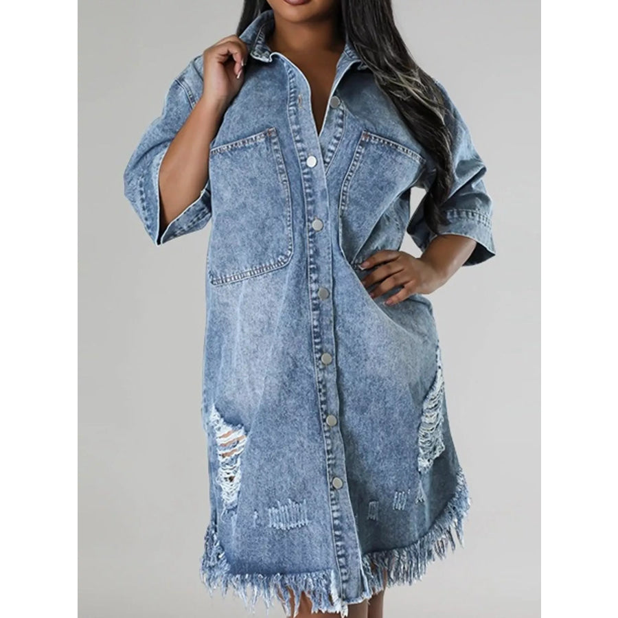 Plus Size Distressed Frayed Hem Button-Down Denim Dress Apparel and Accessories