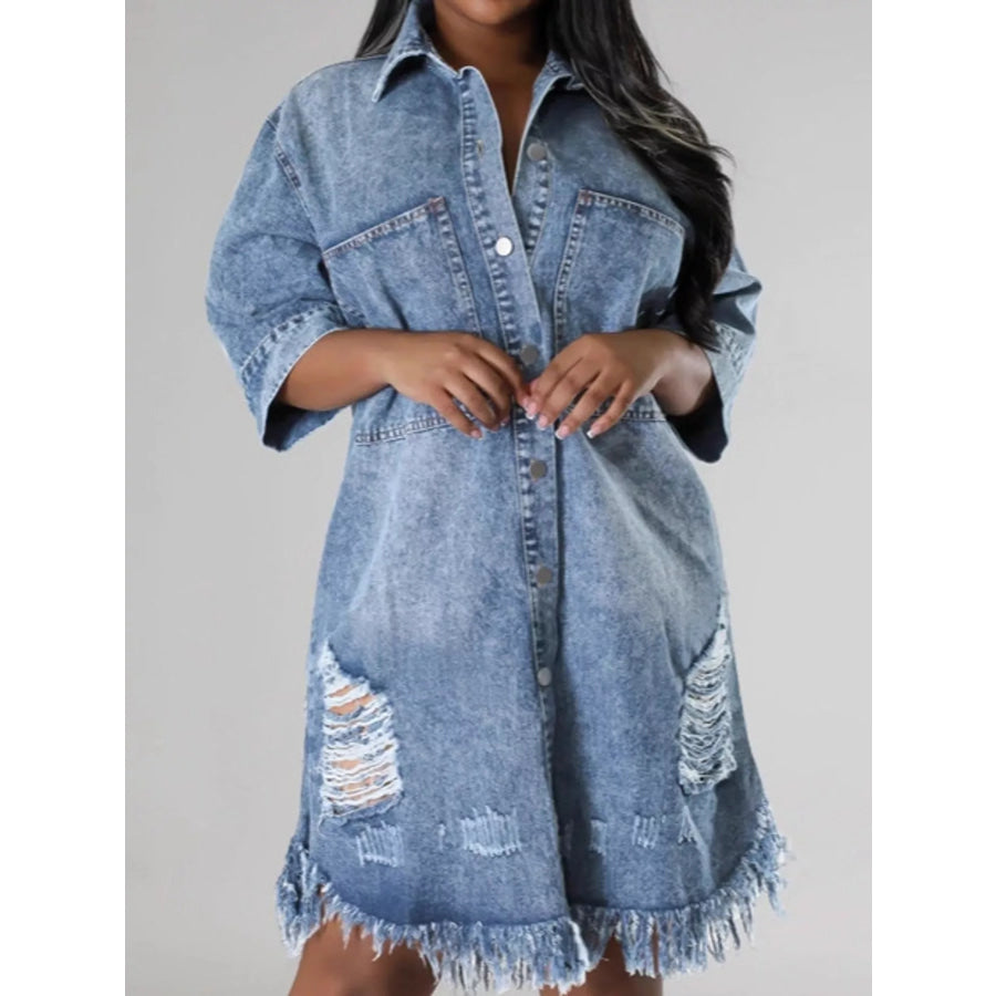 Plus Size Distressed Frayed Hem Button-Down Denim Dress Apparel and Accessories