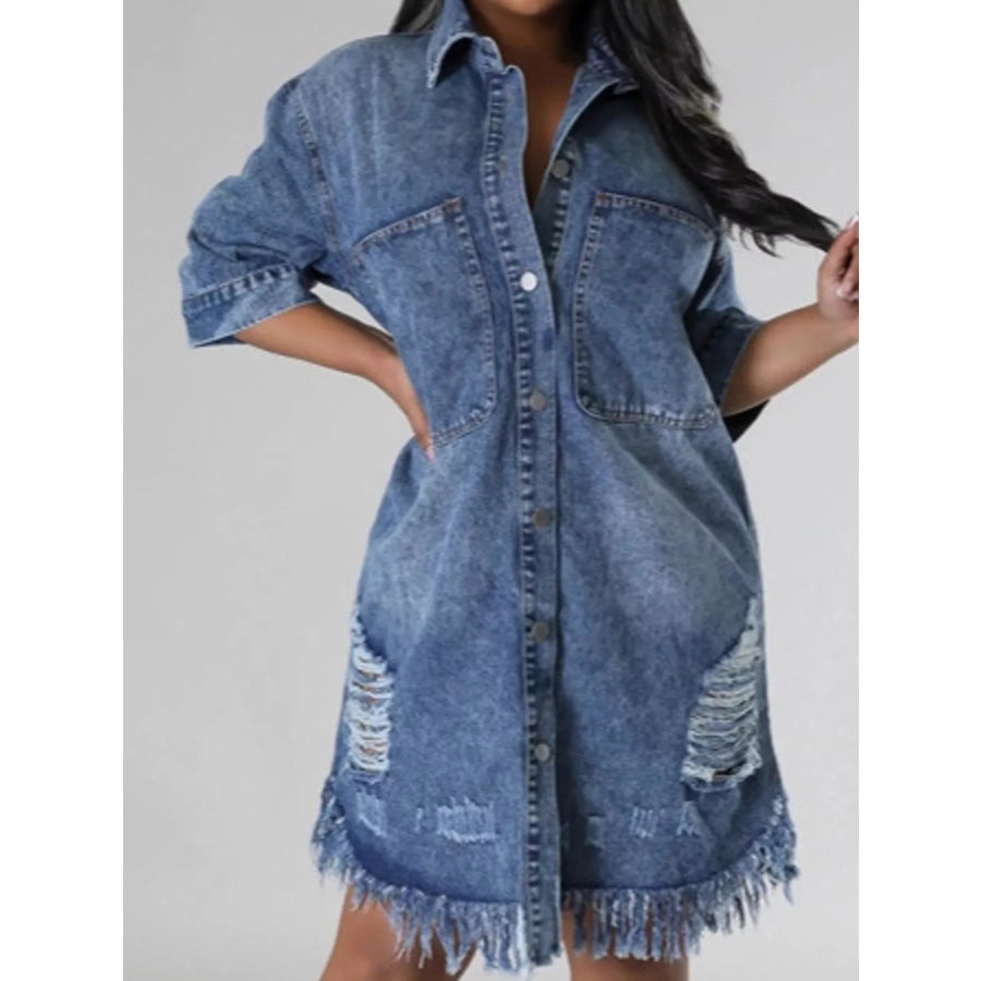 Plus Size Distressed Frayed Hem Button-Down Denim Dress Dark Blue / L Apparel and Accessories