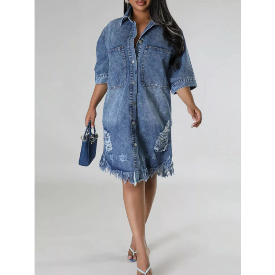 Plus Size Distressed Frayed Hem Button-Down Denim Dress Dusty Blue / XL Apparel and Accessories