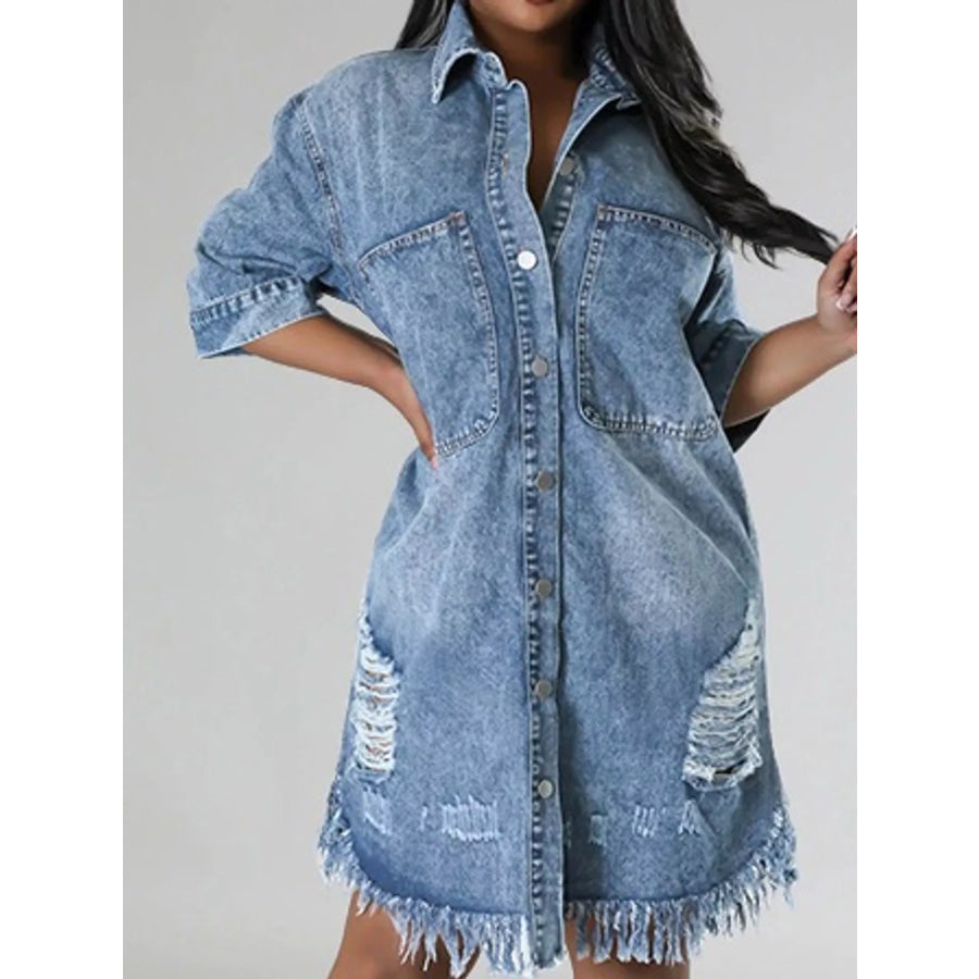 Plus Size Distressed Frayed Hem Button-Down Denim Dress Light Blue / L Apparel and Accessories