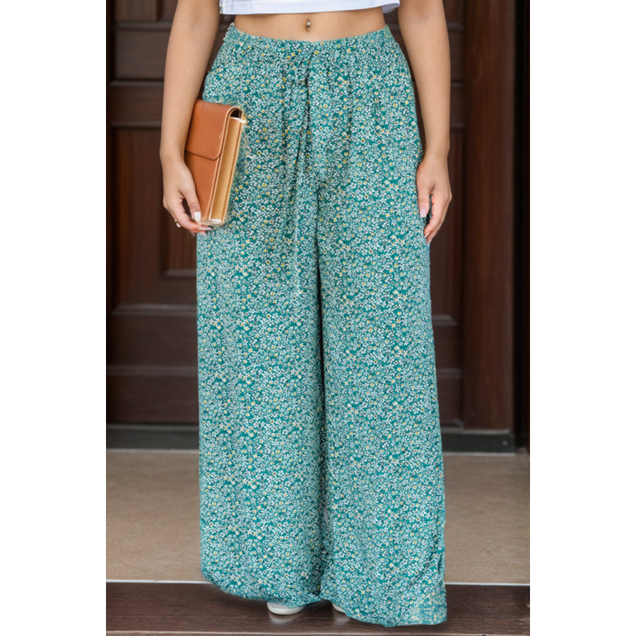 Plus Size Ditsy Floral Wide Lag Pants Turquoise / 1X Apparel and Accessories