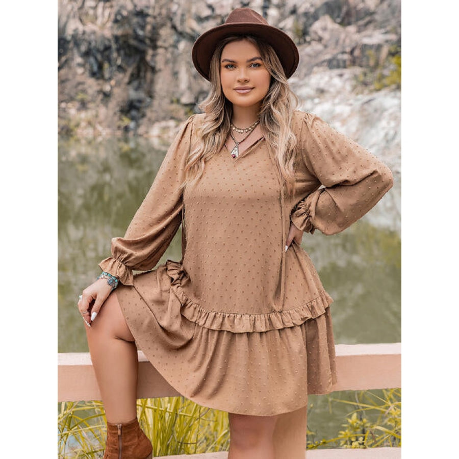 Plus Size Dot Flounce Sleeve Mini Dress Tan / 0XL