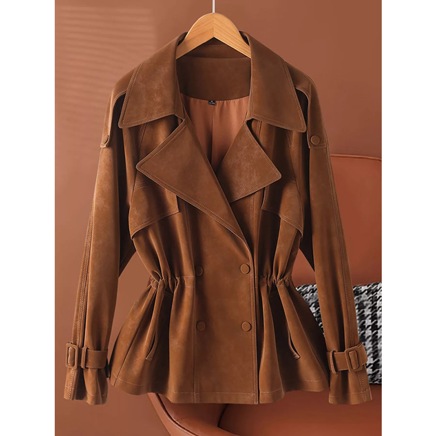 Plus Size Double Breasted Long Sleeve Jacket Caramel / M Apparel and Accessories