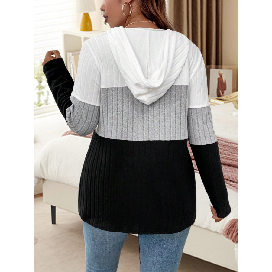 Plus Size Drawstring Color Block Long Sleeve Hooded Top Gray / 1XL Apparel and Accessories