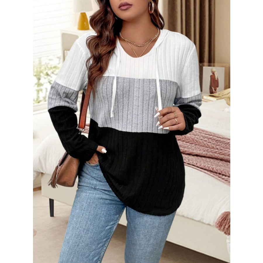 Plus Size Drawstring Color Block Long Sleeve Hooded Top Gray / 1XL Apparel and Accessories