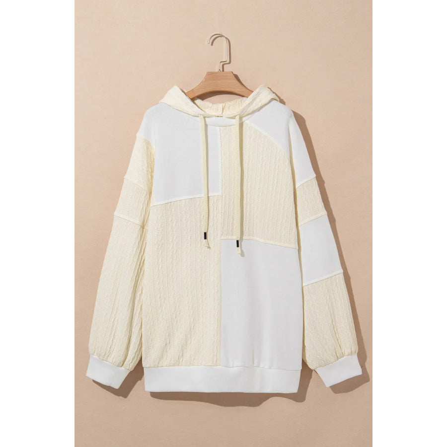 Plus Size Drawstring Color Block Long Sleeve Hoodie Ivory / 1XL Apparel and Accessories