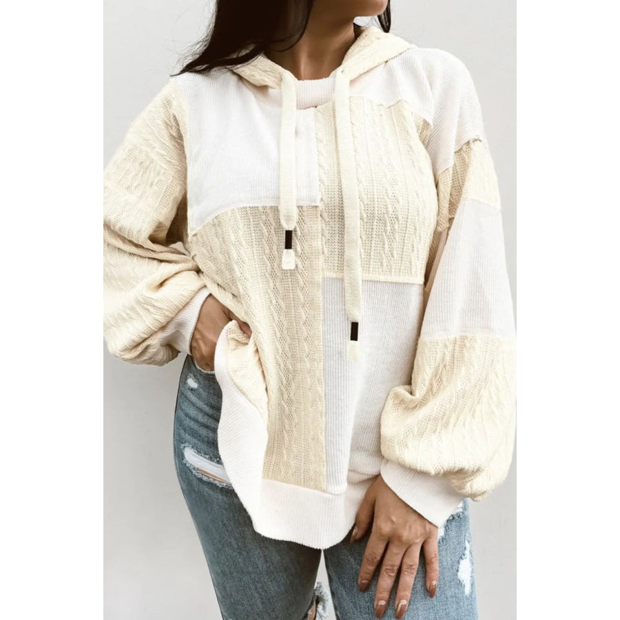 Plus Size Drawstring Color Block Long Sleeve Hoodie Ivory / 1XL Apparel and Accessories