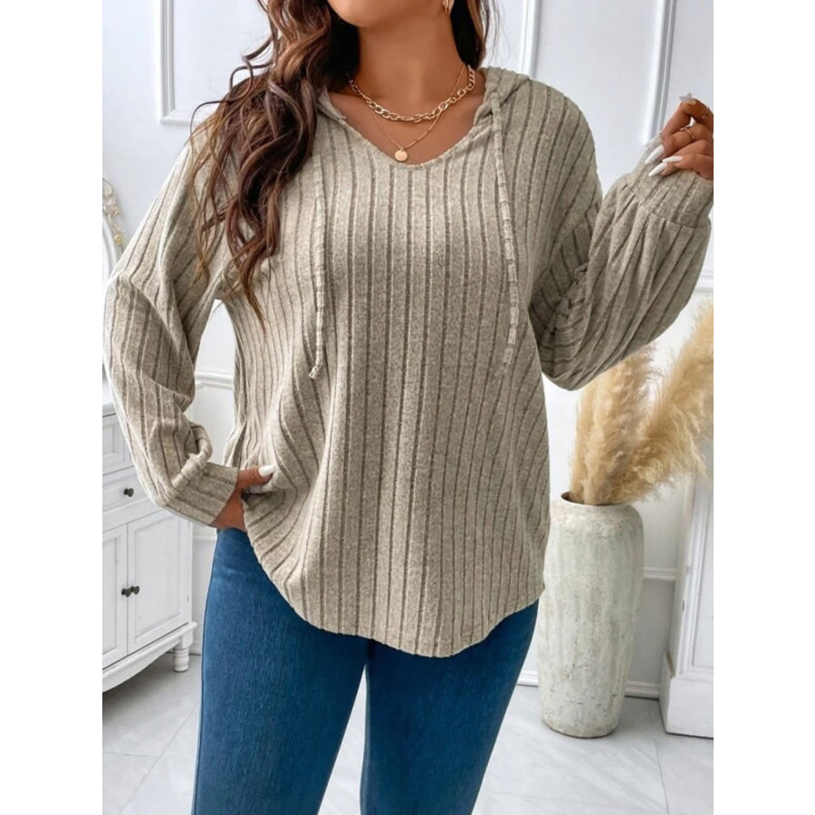 Plus Size Drawstring Dropped Shoulder Hooded T-Shirt Khaki / 1XL Apparel and Accessories