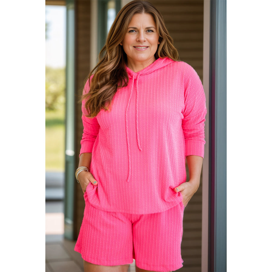 Plus Size Drawstring Dropped Shoulder Hoodie and Shorts Set Hot Pink / 1XL Apparel and Accessories