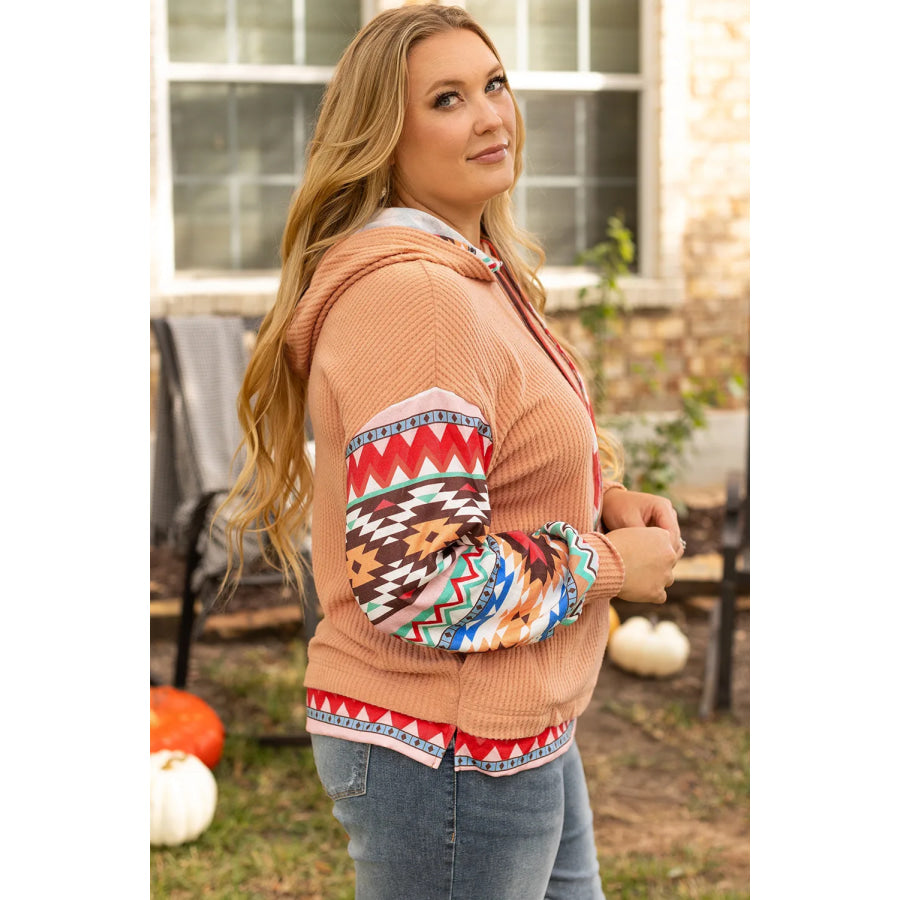 Plus Size Drawstring Geometric Long Sleeve Hoodie Apparel and Accessories