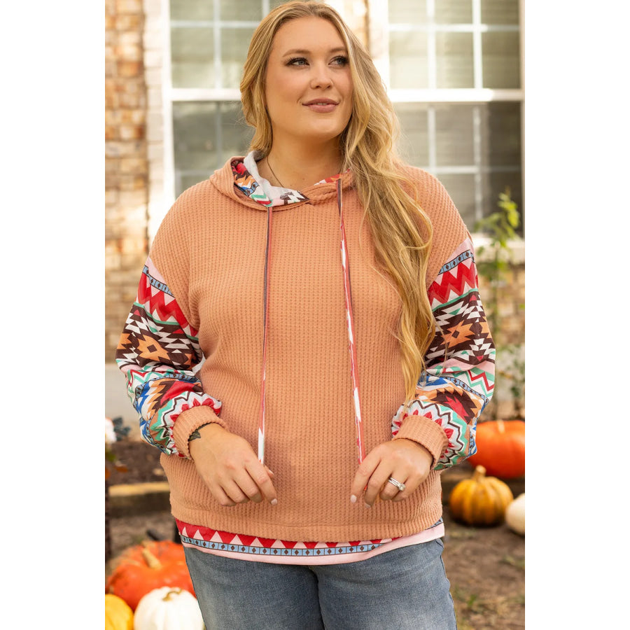 Plus Size Drawstring Geometric Long Sleeve Hoodie Apparel and Accessories