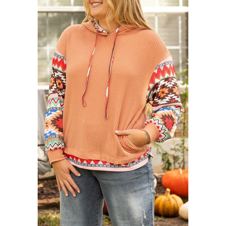 Plus Size Drawstring Geometric Long Sleeve Hoodie Sherbet / 1XL Apparel and Accessories