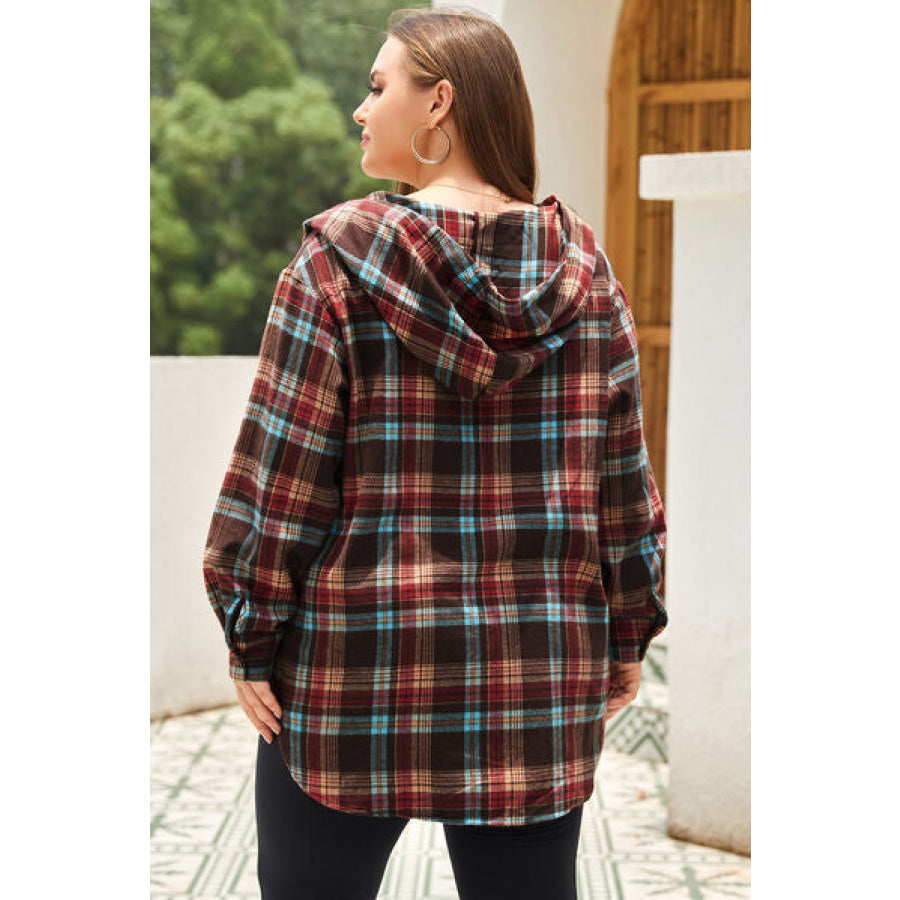Plus Size Drawstring Plaid Quarter Button Hoodie Apparel and Accessories