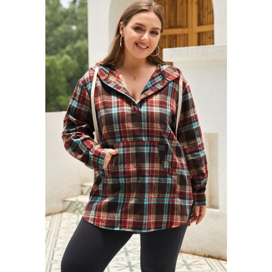 Plus Size Drawstring Plaid Quarter Button Hoodie Apparel and Accessories