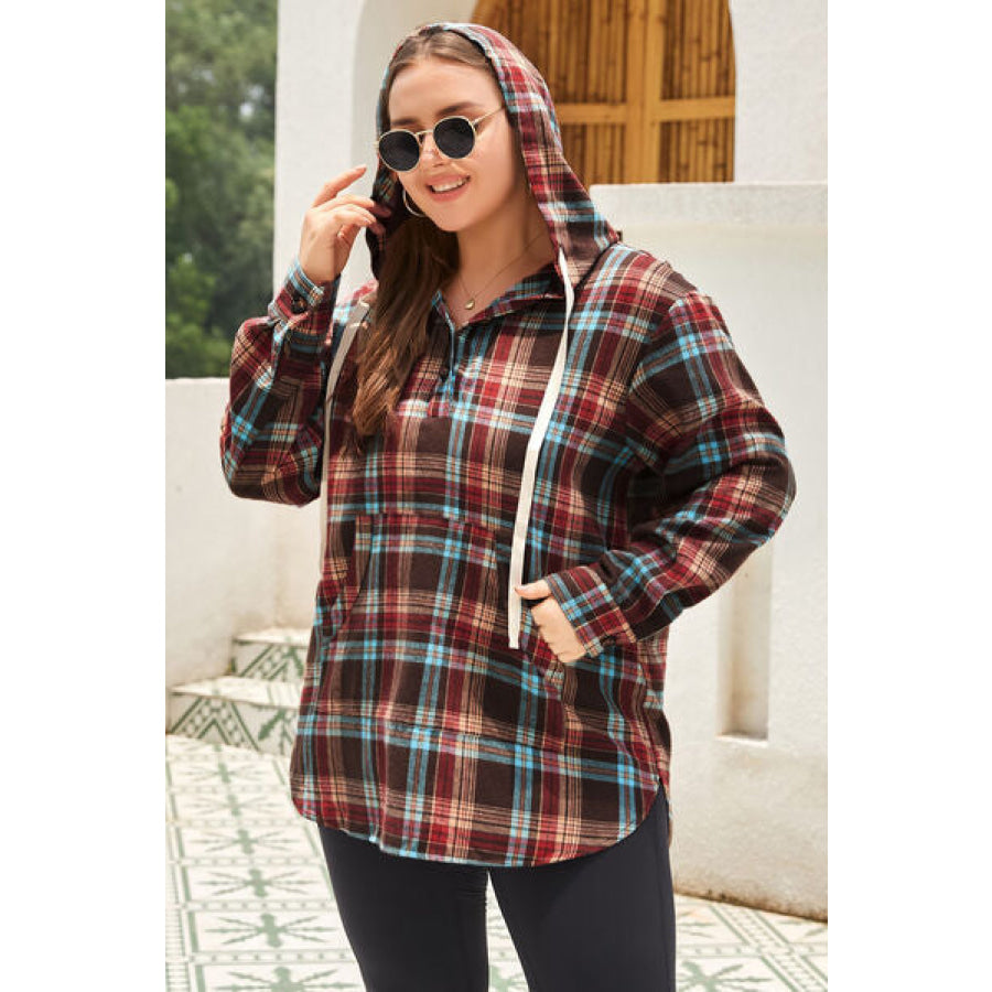 Plus Size Drawstring Plaid Quarter Button Hoodie Wine / 1XL Apparel and Accessories