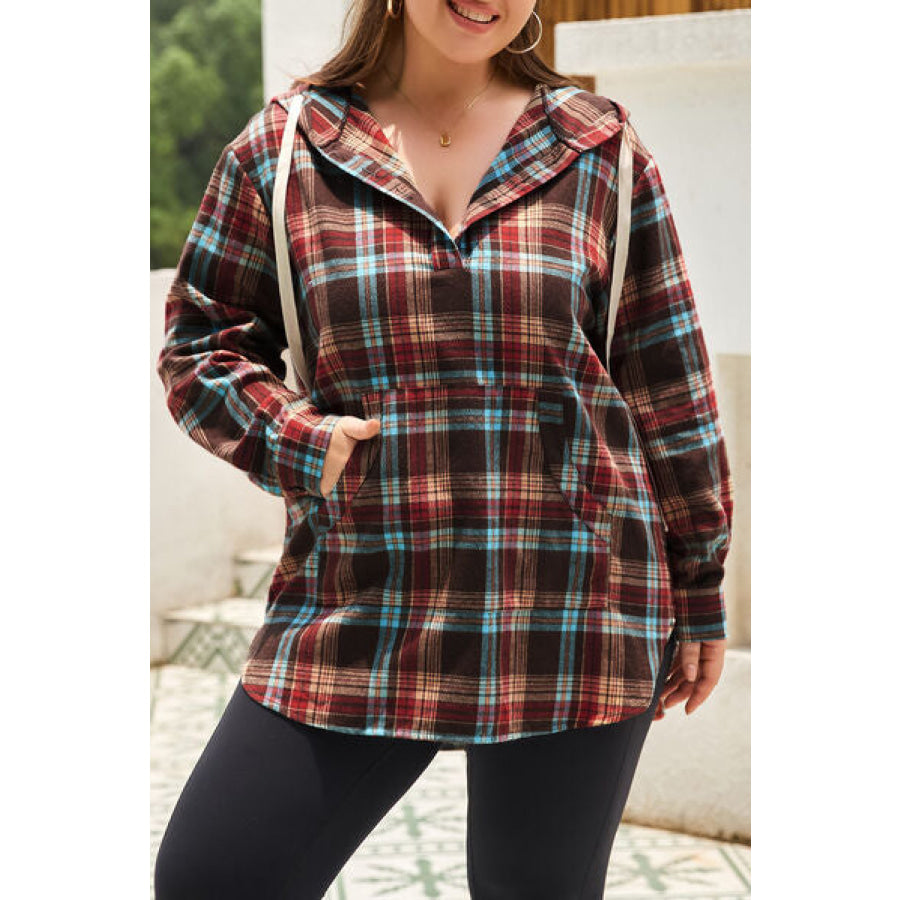 Plus Size Drawstring Plaid Quarter Button Hoodie Wine / 1XL Apparel and Accessories