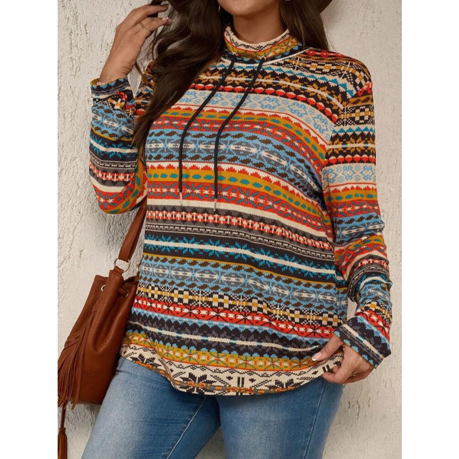 Plus Size Drawstring Printed Mock Neck Long Sleeve Top Apparel and Accessories