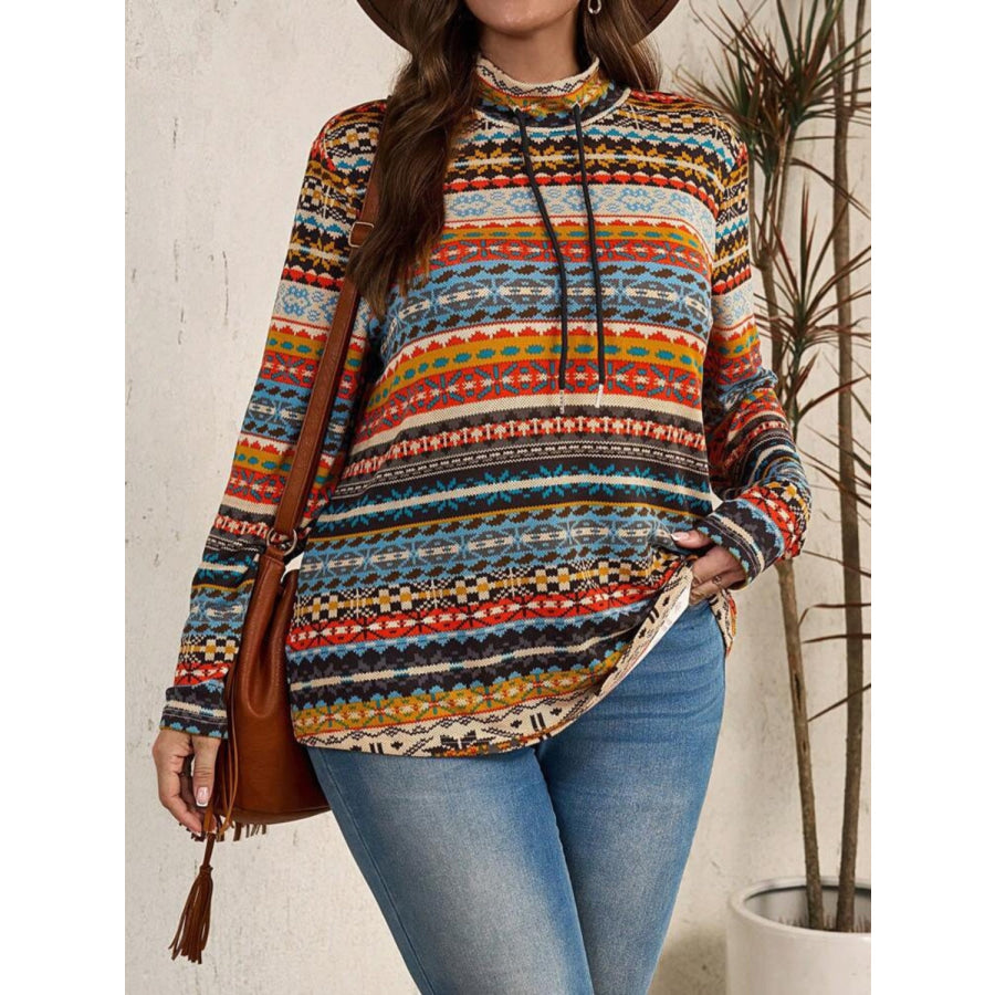 Plus Size Drawstring Printed Mock Neck Long Sleeve Top multicolor / XL Apparel and Accessories