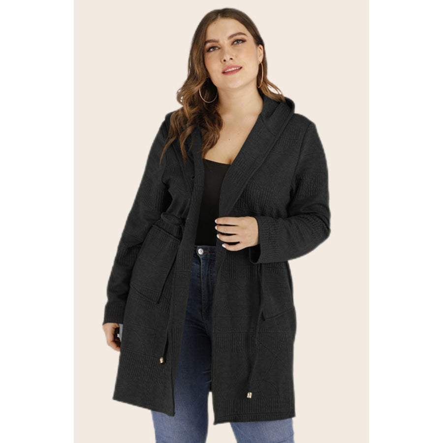 Plus Size Drawstring Waist Hooded Cardigan with Pockets Black / L