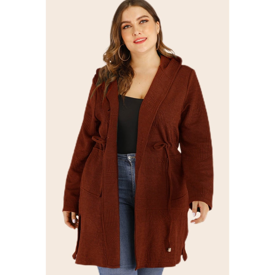 Plus Size Drawstring Waist Hooded Cardigan with Pockets Brick / L