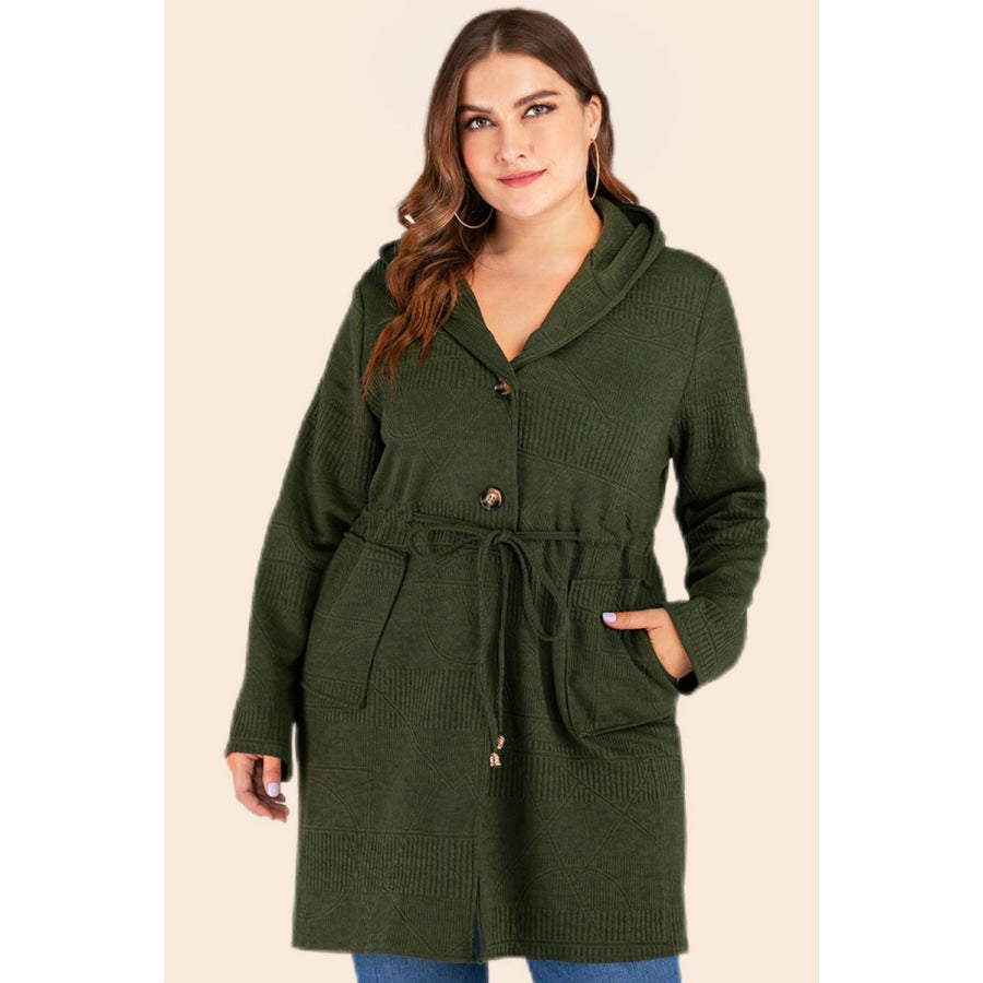 Plus Size Drawstring Waist Hooded Cardigan with Pockets Olive / L