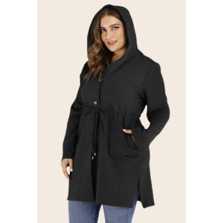 Plus Size Drawstring Waist Hooded Cardigan with Pockets