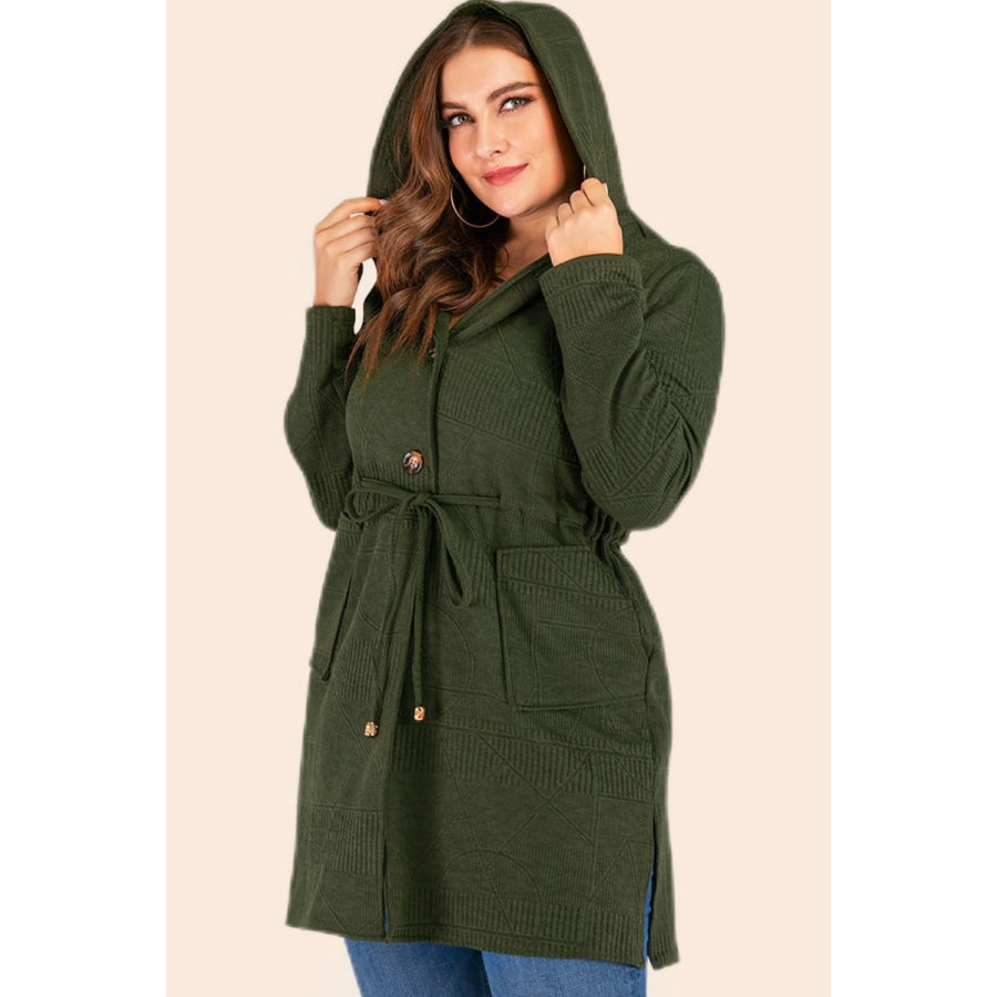 Plus Size Drawstring Waist Hooded Cardigan with Pockets