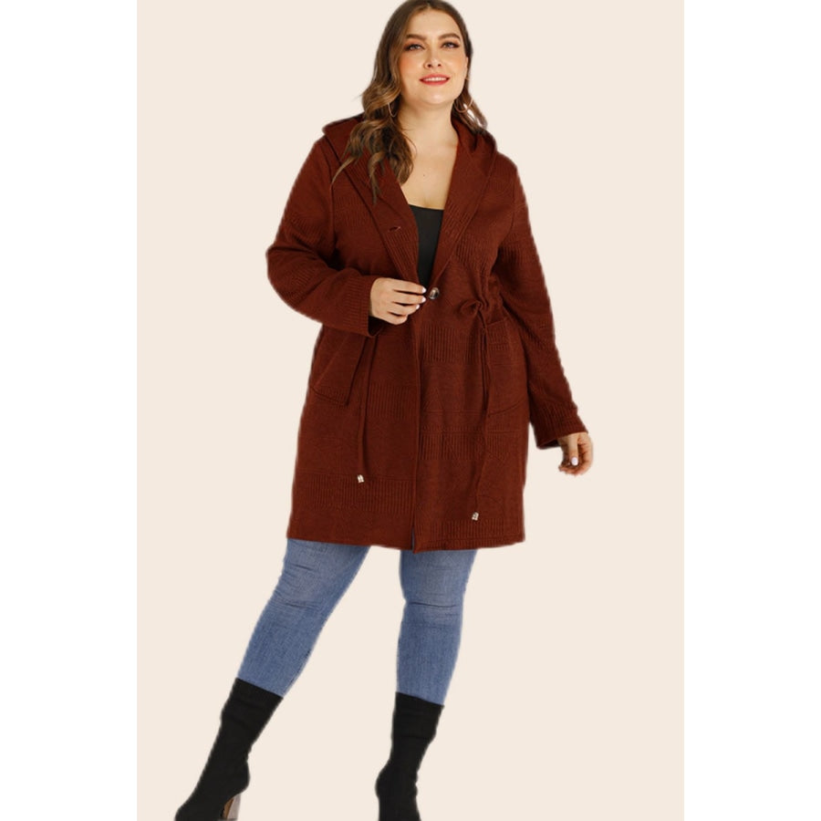 Plus Size Drawstring Waist Hooded Cardigan with Pockets