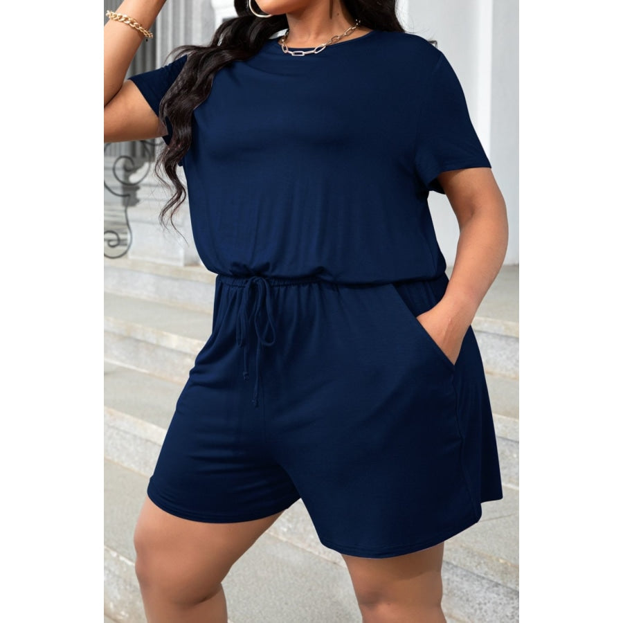 Plus Size Drawstring Waist Romper with Pockets Navy / 0X