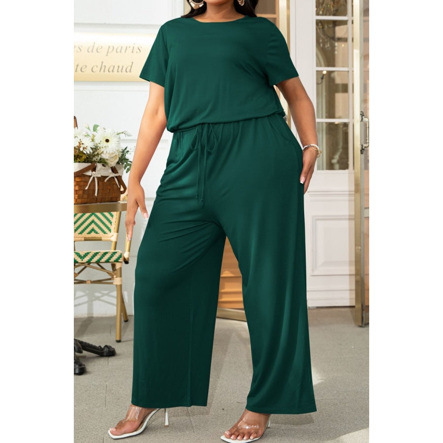 Plus Size Drawstring Waist Short Sleeve Jumpsuit Forest / 0XL