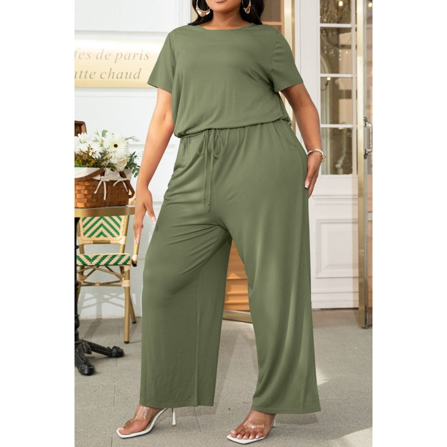 Plus Size Drawstring Waist Short Sleeve Jumpsuit Moss / 2XL