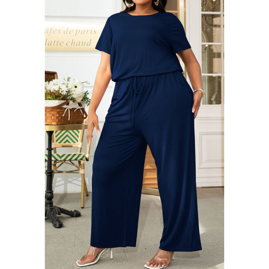 Plus Size Drawstring Waist Short Sleeve Jumpsuit Navy / 0X