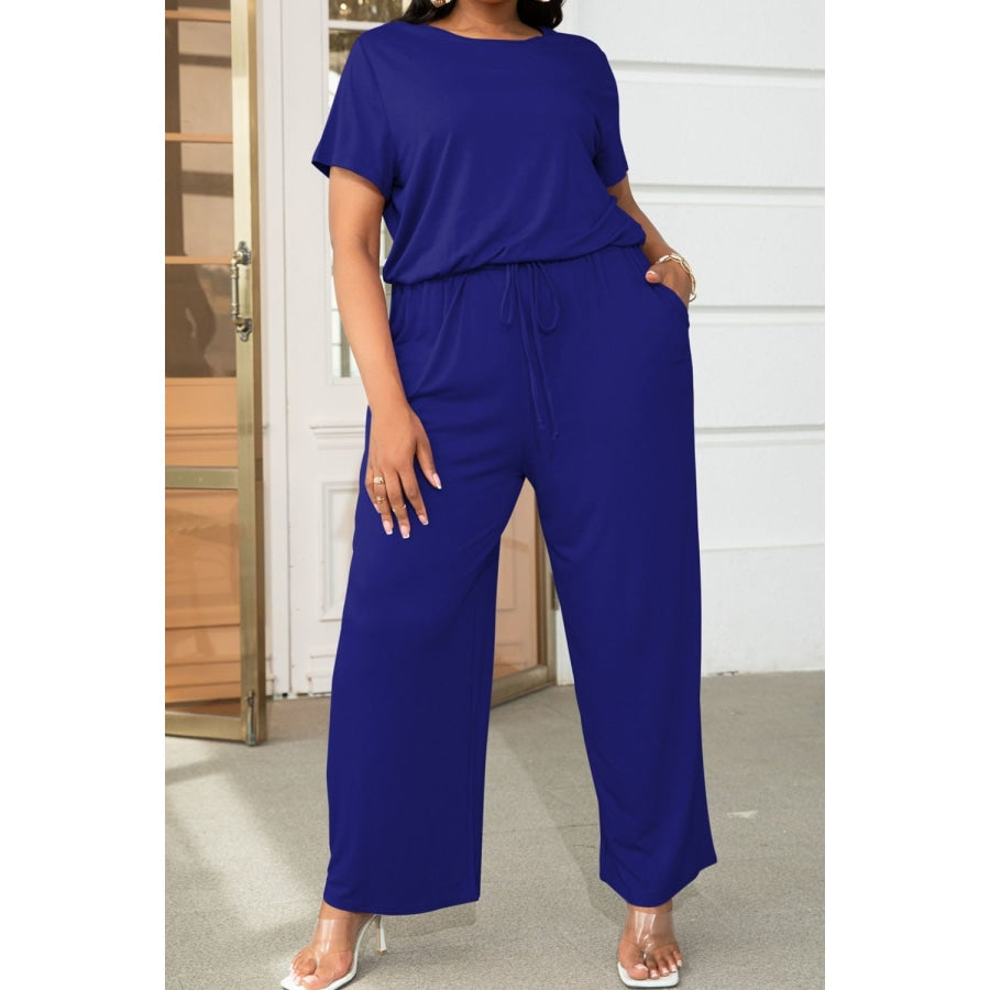 Plus Size Drawstring Waist Short Sleeve Jumpsuit Navy / 3XL