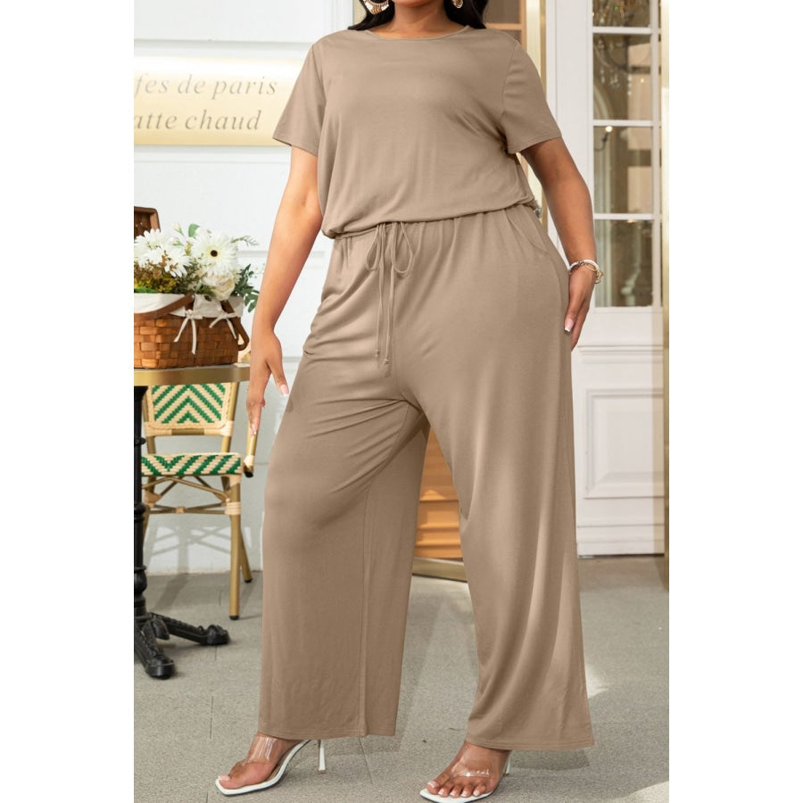 Plus Size Drawstring Waist Short Sleeve Jumpsuit Tan / 2XL