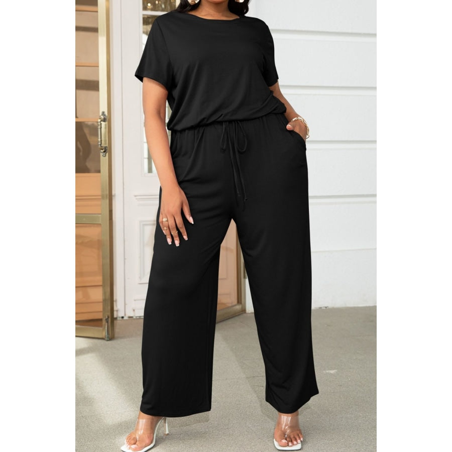 Plus Size Drawstring Waist Short Sleeve Jumpsuit