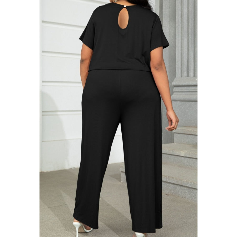 Plus Size Drawstring Waist Short Sleeve Jumpsuit