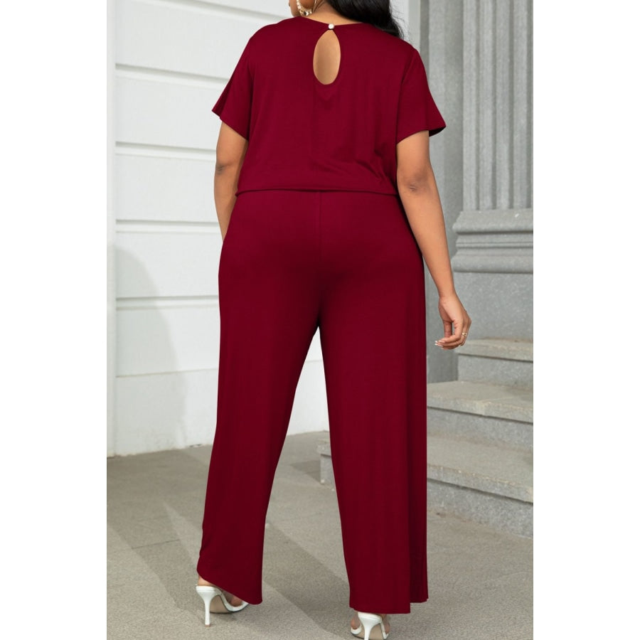 Plus Size Drawstring Waist Short Sleeve Jumpsuit