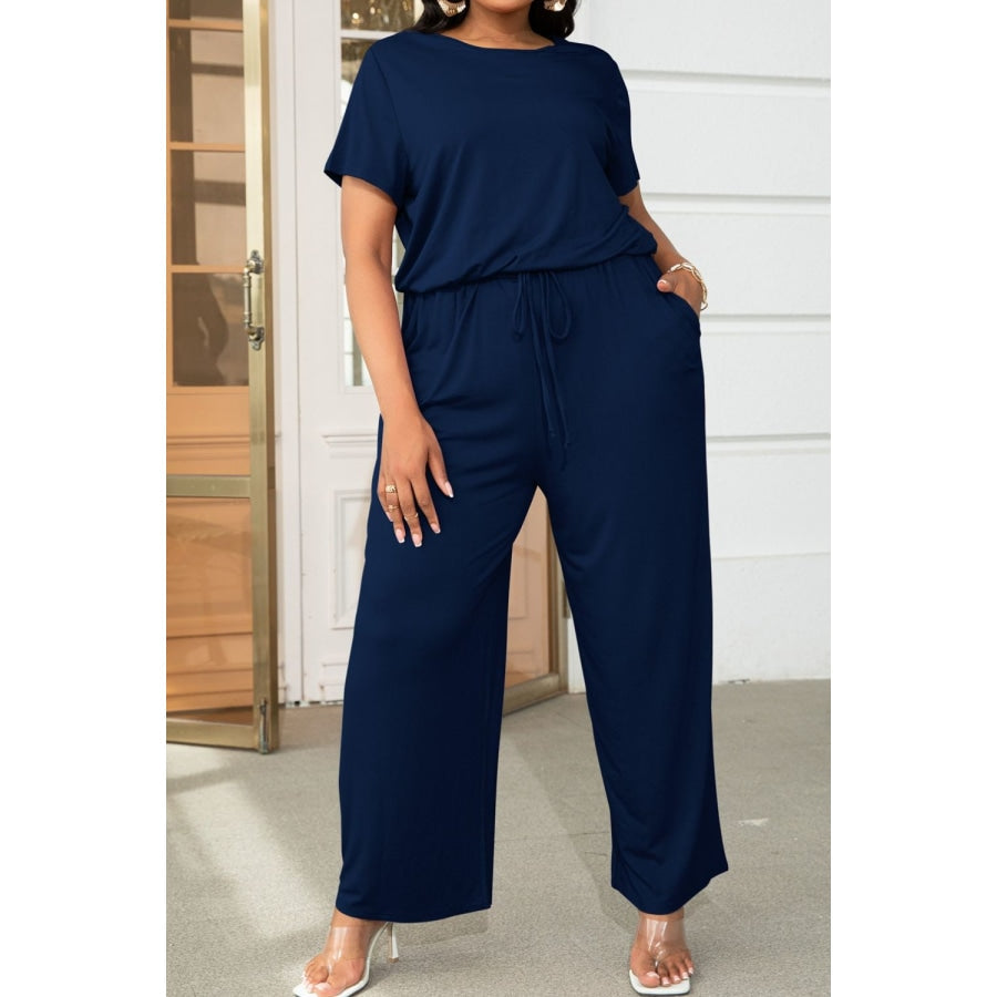 Plus Size Drawstring Waist Short Sleeve Jumpsuit