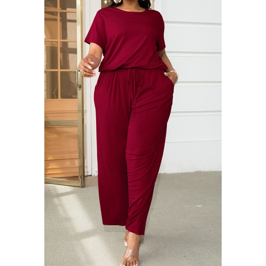 Plus Size Drawstring Waist Short Sleeve Jumpsuit