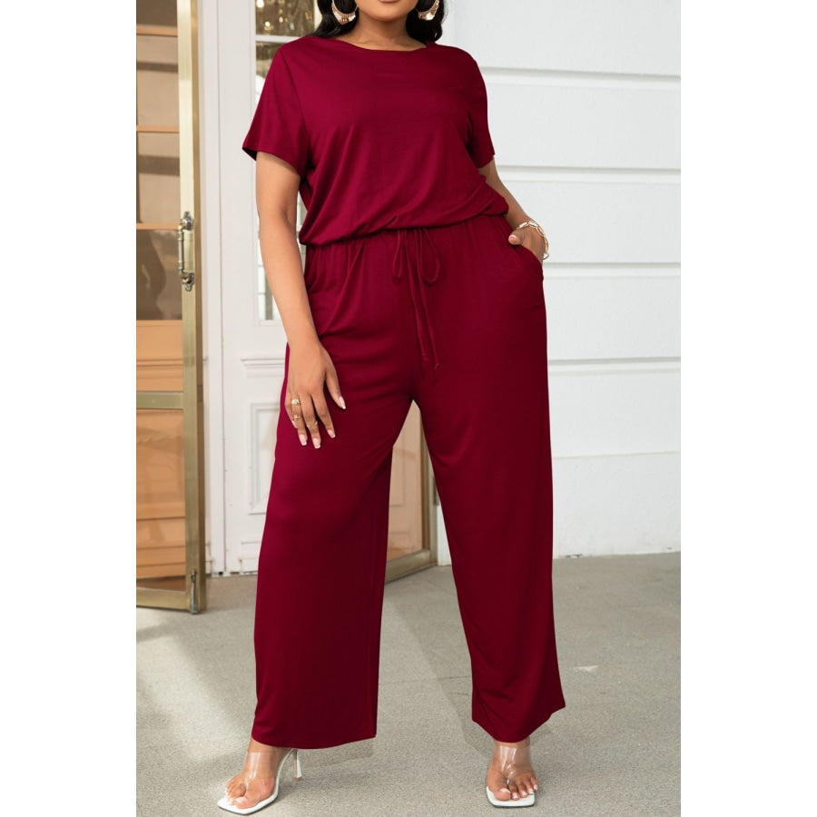 Plus Size Drawstring Waist Short Sleeve Jumpsuit