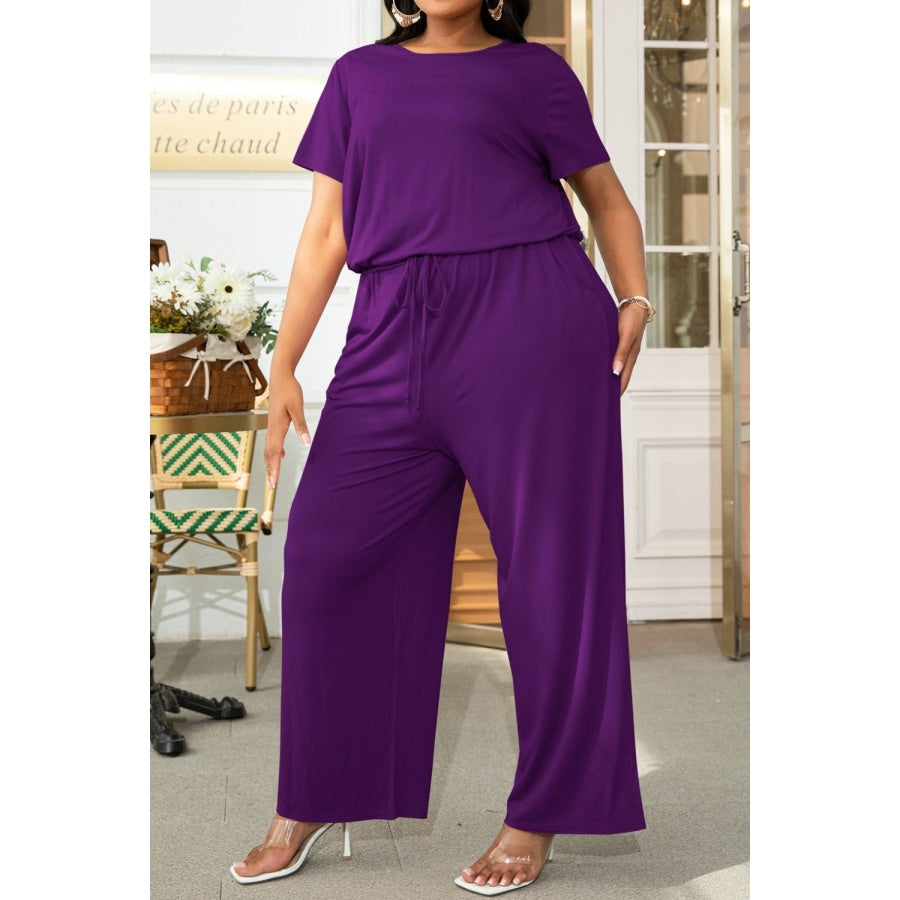 Plus Size Drawstring Waist Short Sleeve Jumpsuit Violet / 4XL