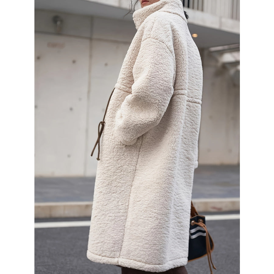 Plus Size Drawstring Zip Up Turtleneck Sherpa Coat Beige / 1XL Apparel and Accessories