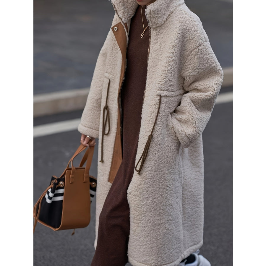 Plus Size Drawstring Zip Up Turtleneck Sherpa Coat Beige / 1XL Apparel and Accessories