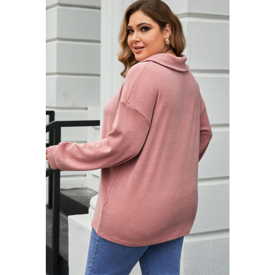 Plus Size Dropped Shoulder Collared Neck T-Shirt Light Mauve / 1XL Clothing